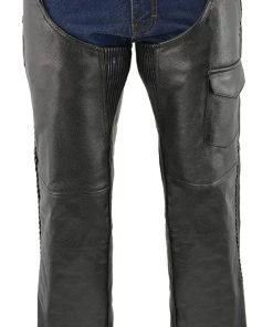 M-Boss Motorcycle Apparel BOS15505 Men’s Black Leather Mesh Lined And Braided Zip-Out Insulated Chaps Motorcycle Pants & Chaps