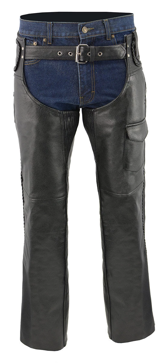 M-Boss Motorcycle Apparel BOS15505 Men’s Black Leather Mesh Lined And Braided Zip-Out Insulated Chaps Motorcycle Pants & Chaps