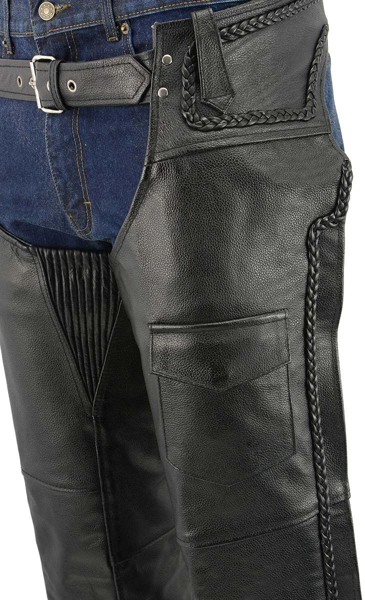 M-Boss Motorcycle Apparel BOS15505 Men’s Black Leather Mesh Lined And Braided Zip-Out Insulated Chaps Motorcycle Pants & Chaps