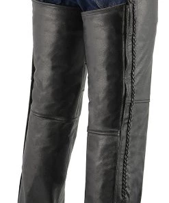 M-Boss Motorcycle Apparel BOS15505 Men’s Black Leather Mesh Lined And Braided Zip-Out Insulated Chaps Motorcycle Pants & Chaps