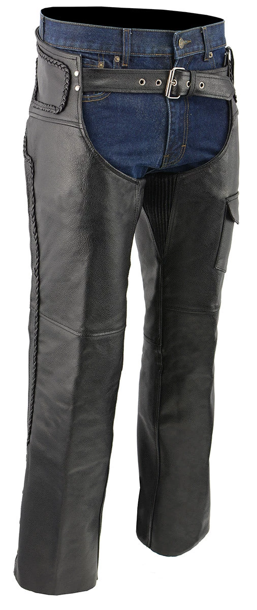 M-Boss Motorcycle Apparel BOS15505 Men’s Black Leather Mesh Lined And Braided Zip-Out Insulated Chaps Motorcycle Pants & Chaps