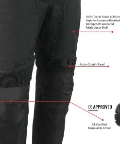 M-Boss Motorcycle Apparel BOS15572 Men's Black Waterproof Textile Street Pants With Knee Armor