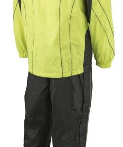 M-BOSS Motorcycle Apparel Riding Gear M Boss Motorcycle Apparel BOS19501 Men’s Black And High-Viz Green Two-Piece Motorcycle Rain Suit