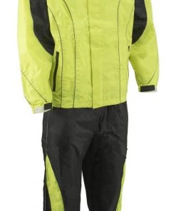 M-BOSS Motorcycle Apparel Riding Gear M Boss Motorcycle Apparel BOS19501 Men’s Black And High-Viz Green Two-Piece Motorcycle Rain Suit