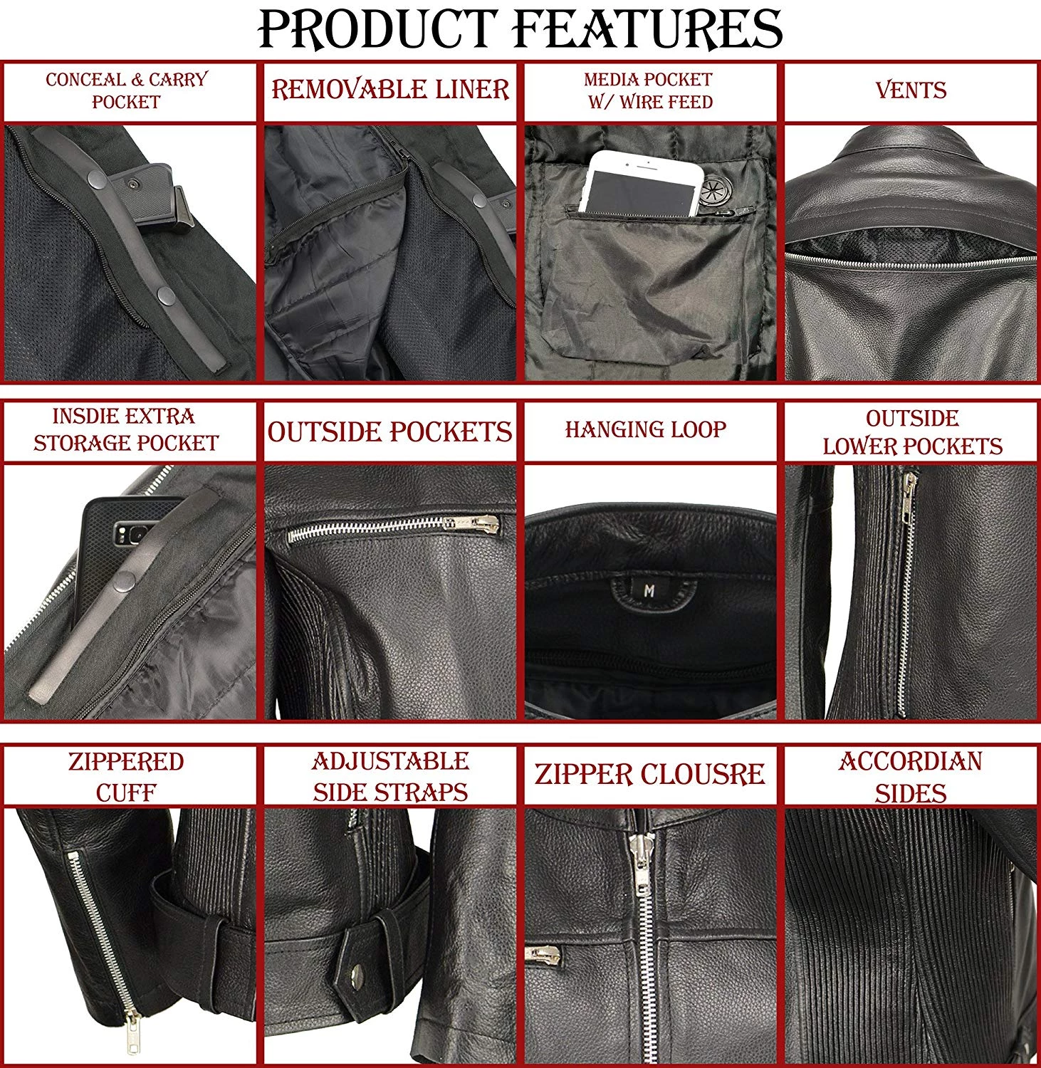 M-BOSS Motorcycle Apparel M Boss Motorcycle Apparel BOS22502 Ladies Black Armored Leather Jacket With Accordion Panels Leather Motorcycle Jackets