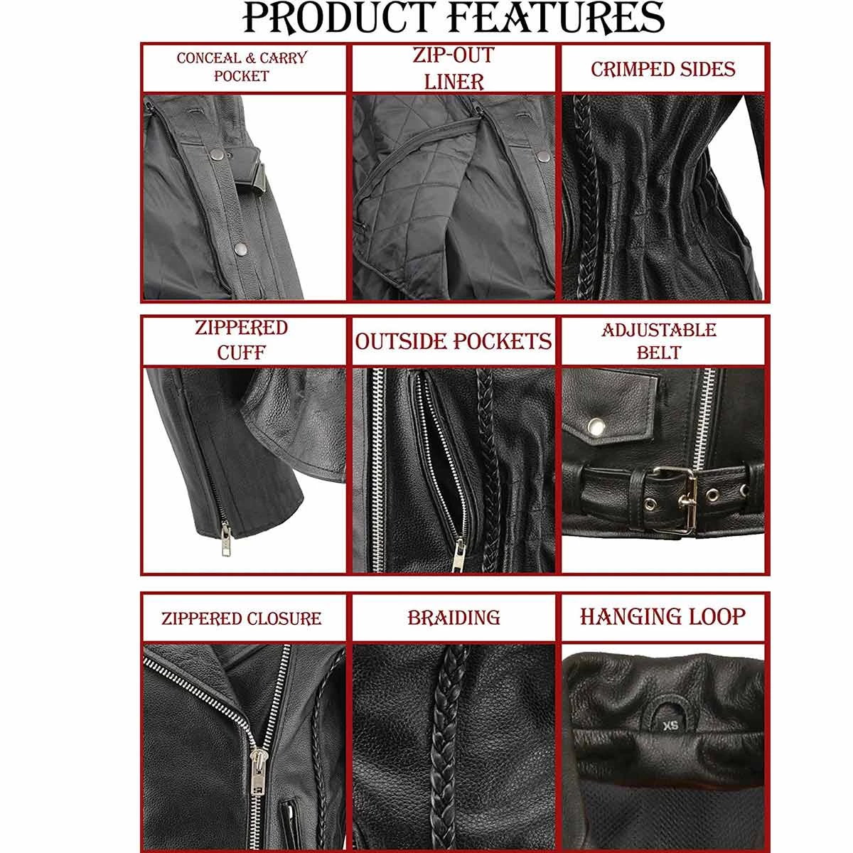 Leather Motorcycle Jackets M-Boss Motorcycle Apparel BOS22507 Women's Classic Braided Biker Leather Motorcycle Jacket