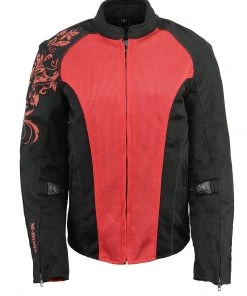 M-BOSS Motorcycle Apparel M Boss Motorcycle Apparel BOS22700 Ladies Black And Red Mesh Jacket With Flower Printing Motorcycle Jackets