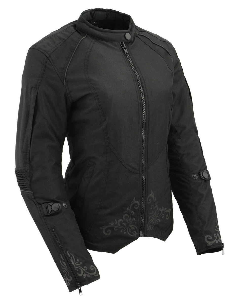 M-BOSS Motorcycle Apparel M Boss Motorcycle Apparel BOS22701 Ladies Black Textile Armored Racing Jacket And Reflective Design