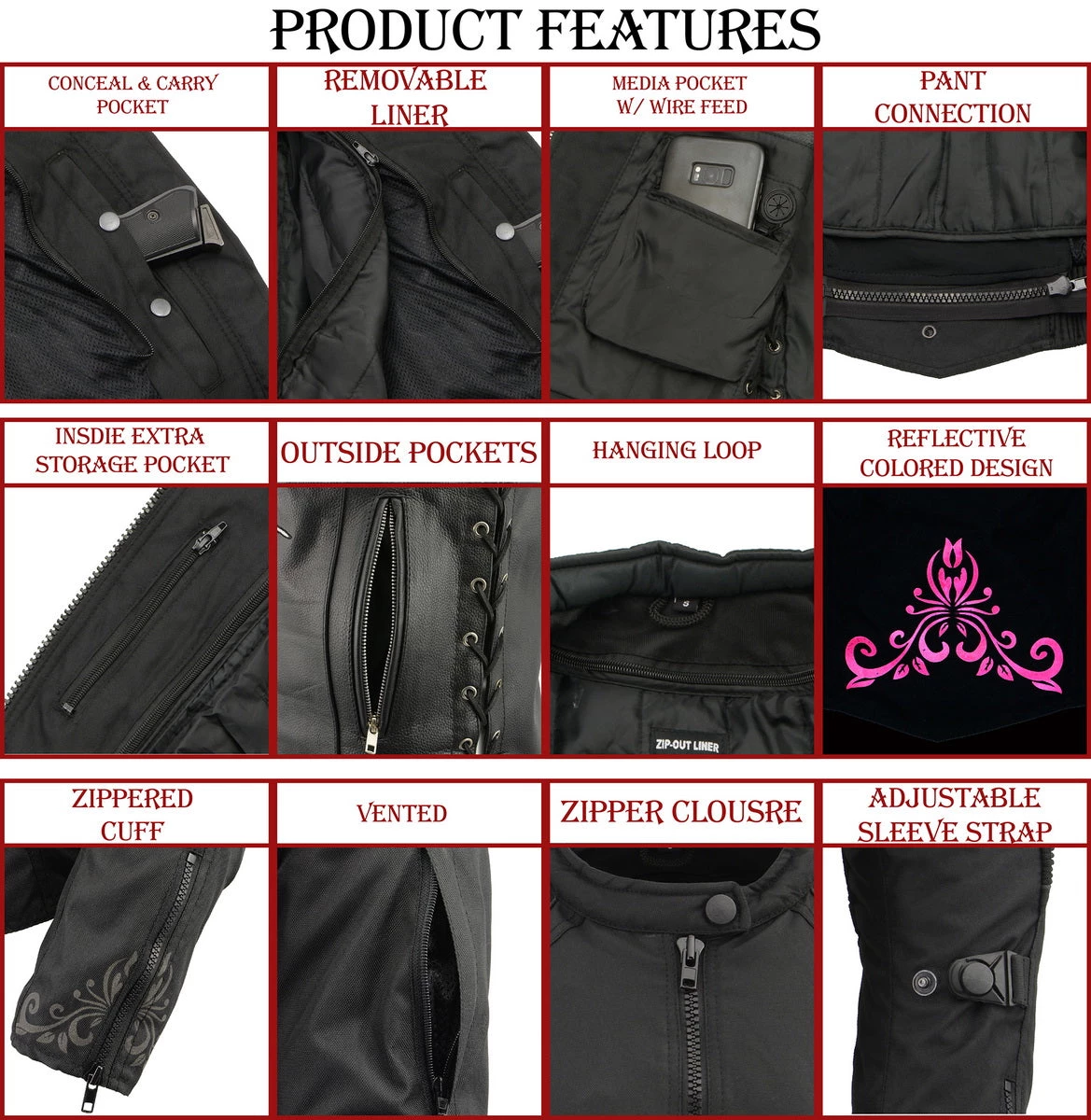 M-BOSS Motorcycle Apparel M Boss Motorcycle Apparel BOS22701 Ladies Black Textile Armored Racing Jacket And Reflective Design