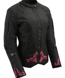 M-BOSS Motorcycle Apparel M Boss Motorcycle Apparel BOS22701 Ladies Black And Fuchsia Textile Armored Racing Jacket With Reflective Design Motorcycle Jackets