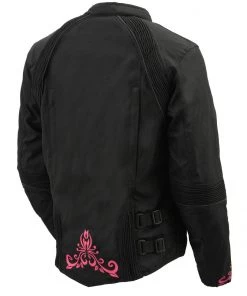 M-BOSS Motorcycle Apparel M Boss Motorcycle Apparel BOS22701 Ladies Black And Fuchsia Textile Armored Racing Jacket With Reflective Design Motorcycle Jackets