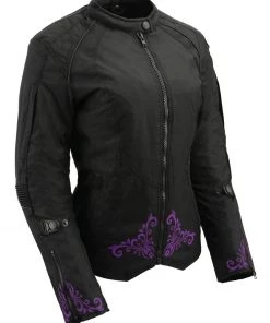 M-BOSS Motorcycle Apparel M Boss Motorcycle Apparel BOS22701 Ladies Black And Purple Textile Armored Racing Jacket With Reflective Design