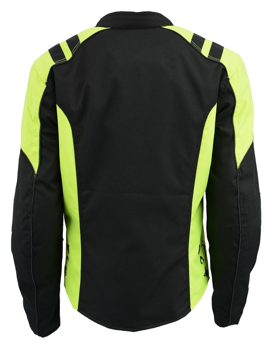 M-BOSS Motorcycle Apparel Motorcycle Jackets M Boss Motorcycle Apparel BOS22704 Ladies Hi Vis Green Textile Racer Jacket With Butterfly Design