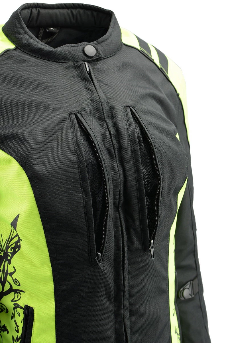 M-BOSS Motorcycle Apparel Motorcycle Jackets M Boss Motorcycle Apparel BOS22704 Ladies Hi Vis Green Textile Racer Jacket With Butterfly Design