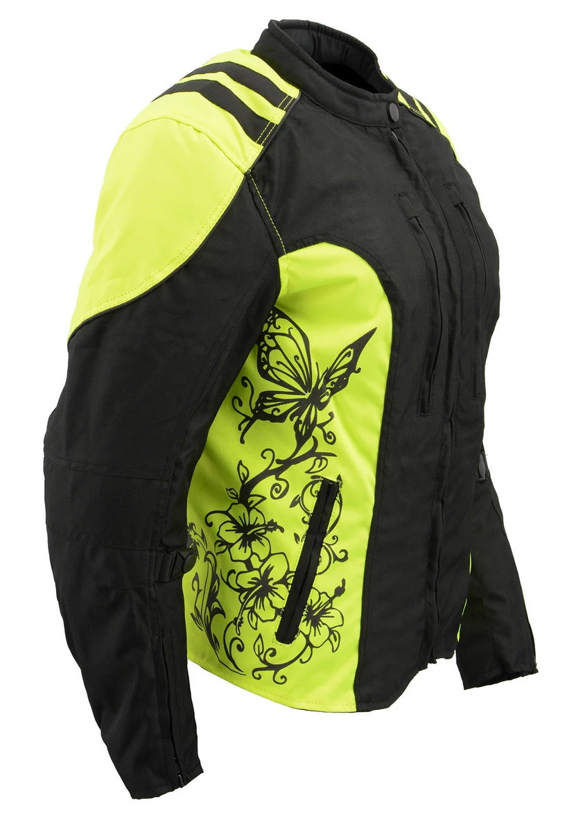M-BOSS Motorcycle Apparel Motorcycle Jackets M Boss Motorcycle Apparel BOS22704 Ladies Hi Vis Green Textile Racer Jacket With Butterfly Design