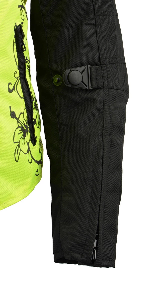 M-BOSS Motorcycle Apparel Motorcycle Jackets M Boss Motorcycle Apparel BOS22704 Ladies Hi Vis Green Textile Racer Jacket With Butterfly Design