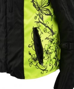 M-BOSS Motorcycle Apparel Motorcycle Jackets M Boss Motorcycle Apparel BOS22704 Ladies Hi Vis Green Textile Racer Jacket With Butterfly Design