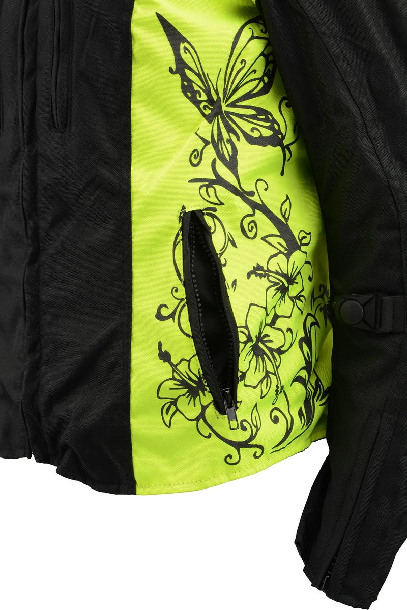 M-BOSS Motorcycle Apparel Motorcycle Jackets M Boss Motorcycle Apparel BOS22704 Ladies Hi Vis Green Textile Racer Jacket With Butterfly Design