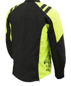 M-BOSS Motorcycle Apparel Motorcycle Jackets M Boss Motorcycle Apparel BOS22704 Ladies Hi Vis Green Textile Racer Jacket With Butterfly Design