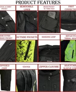 M-BOSS Motorcycle Apparel Motorcycle Jackets M Boss Motorcycle Apparel BOS22704 Ladies Hi Vis Green Textile Racer Jacket With Butterfly Design