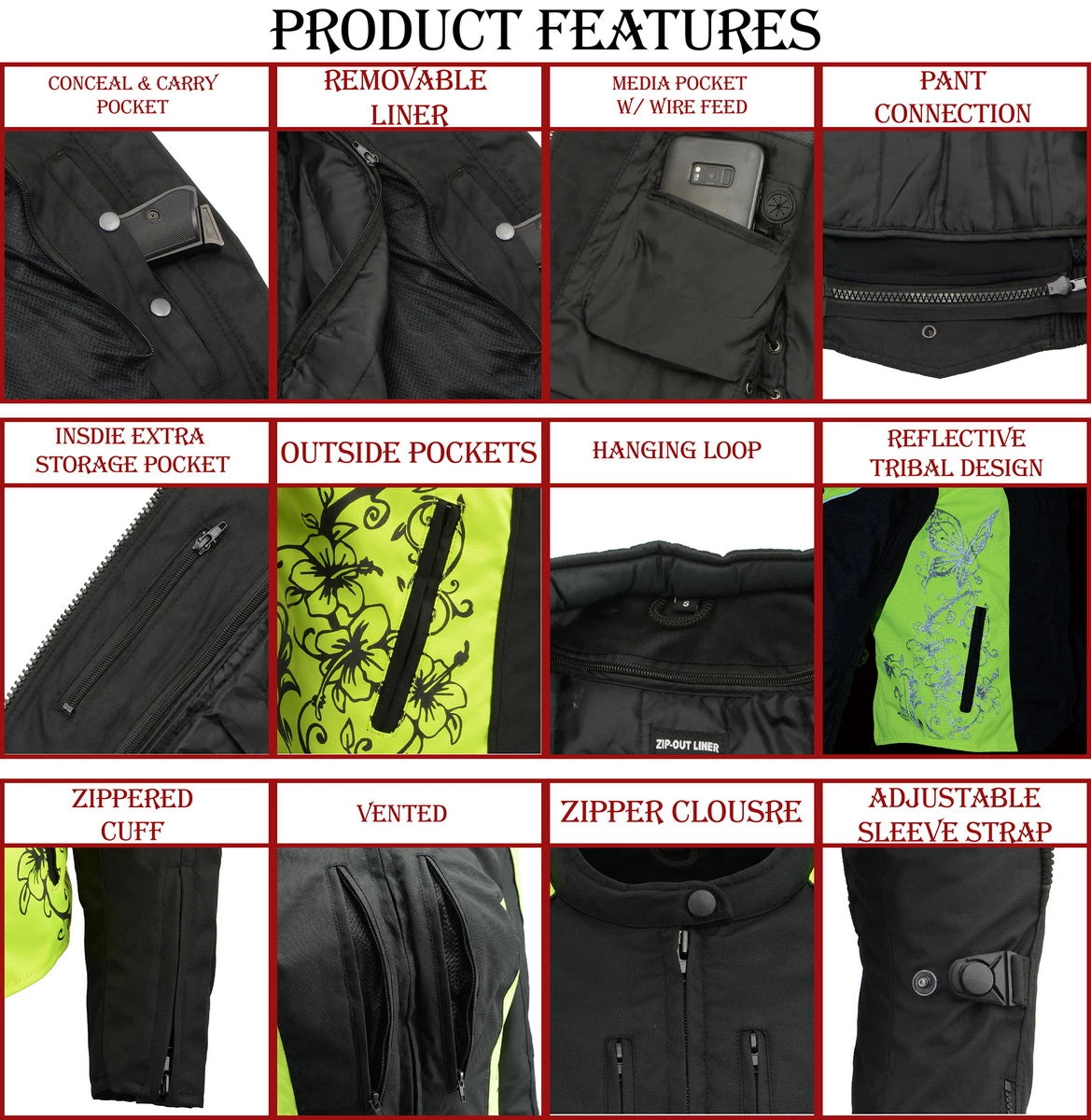 M-BOSS Motorcycle Apparel Motorcycle Jackets M Boss Motorcycle Apparel BOS22704 Ladies Hi Vis Green Textile Racer Jacket With Butterfly Design