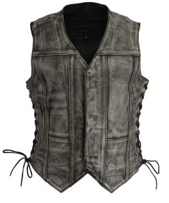 M-BOSS Motorcycle Apparel M Boss Motorcycle Apparel BOS24500 Ladies Leather Distressed Grey 6 Pocket Vest With Quick Draw Pocket Motorcycle Vests