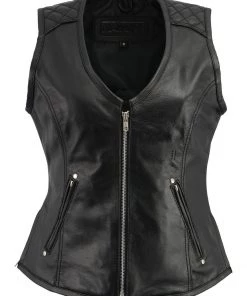M-BOSS Motorcycle Apparel M Boss Motorcycle Apparel BOS24501 Ladies Black Leather Plain Side Zipper Front Vest