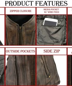 M-BOSS Motorcycle Apparel M Boss Motorcycle Apparel BOS24501 Ladies Black And Beige Leather Plain Side Zipper Front Vest