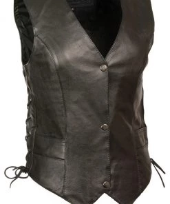 M-BOSS Motorcycle Apparel M Boss Motorcycle Apparel BOS24502 Ladies Leather Black Classic Snap Front Side Lace Vest Motorcycle Vests