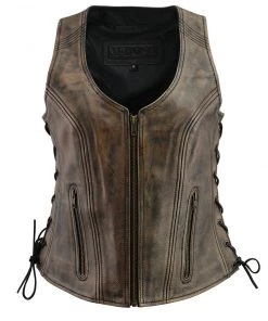 M-BOSS Motorcycle Apparel M Boss Motorcycle Apparel BOS24503 Ladies Black And Beige Leather Side Lace Zipper Front Vest