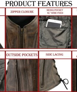 M-BOSS Motorcycle Apparel M Boss Motorcycle Apparel BOS24503 Ladies Black And Beige Leather Side Lace Zipper Front Vest