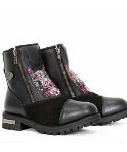 Hot Leathers BTL1009 Ladies Black Double Zip Sugar Skull Cap Toe Leather Boot