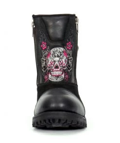 Hot Leathers BTL1009 Ladies Black Double Zip Sugar Skull Cap Toe Leather Boot