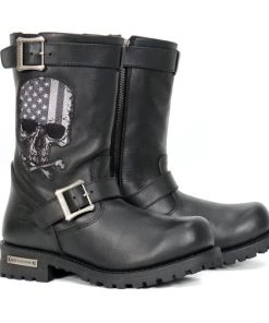 Riding Gear Hot Leathers BTM1018 Men’s Black Tall Harness Flag Skull Boot With Round Toe