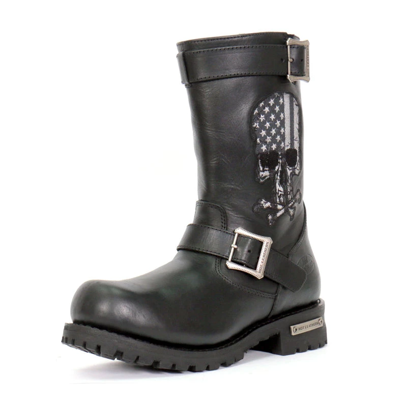 Riding Gear Hot Leathers BTM1018 Men’s Black Tall Harness Flag Skull Boot With Round Toe
