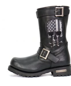 Riding Gear Hot Leathers BTM1018 Men’s Black Tall Harness Flag Skull Boot With Round Toe