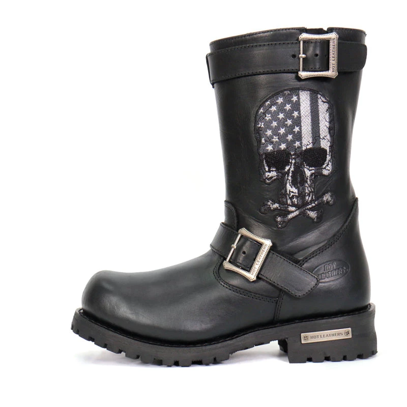 Riding Gear Hot Leathers BTM1018 Men’s Black Tall Harness Flag Skull Boot With Round Toe