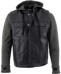 Xelement BXU1006 Men's'Jax' Black Leather Motorcycle Hoodie Jacket With Convertible Vest