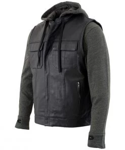 Xelement BXU1006 Men's'Jax' Black Leather Motorcycle Hoodie Jacket With Convertible Vest