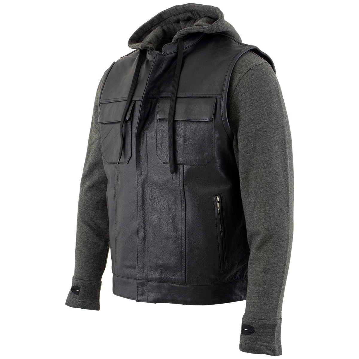 Xelement BXU1006 Men's 'Jax' Black Leather Motorcycle Hoodie Jacket With Convertible Vest