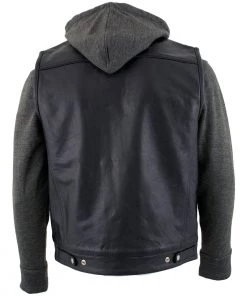 Xelement BXU1006 Men's'Jax' Black Leather Motorcycle Hoodie Jacket With Convertible Vest