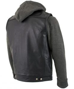 Xelement BXU1006 Men's'Jax' Black Leather Motorcycle Hoodie Jacket With Convertible Vest