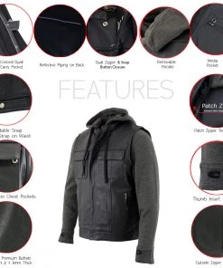 Xelement BXU1006 Men's 'Jax' Black Leather Motorcycle Hoodie Jacket With Convertible Vest