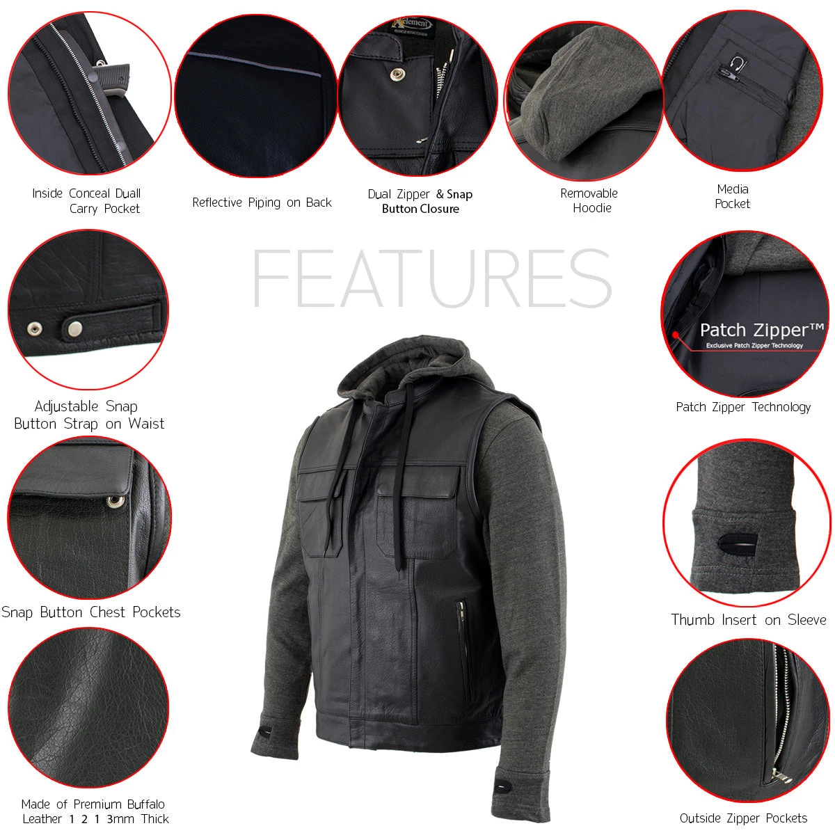 Xelement BXU1006 Men's 'Jax' Black Leather Motorcycle Hoodie Jacket With Convertible Vest