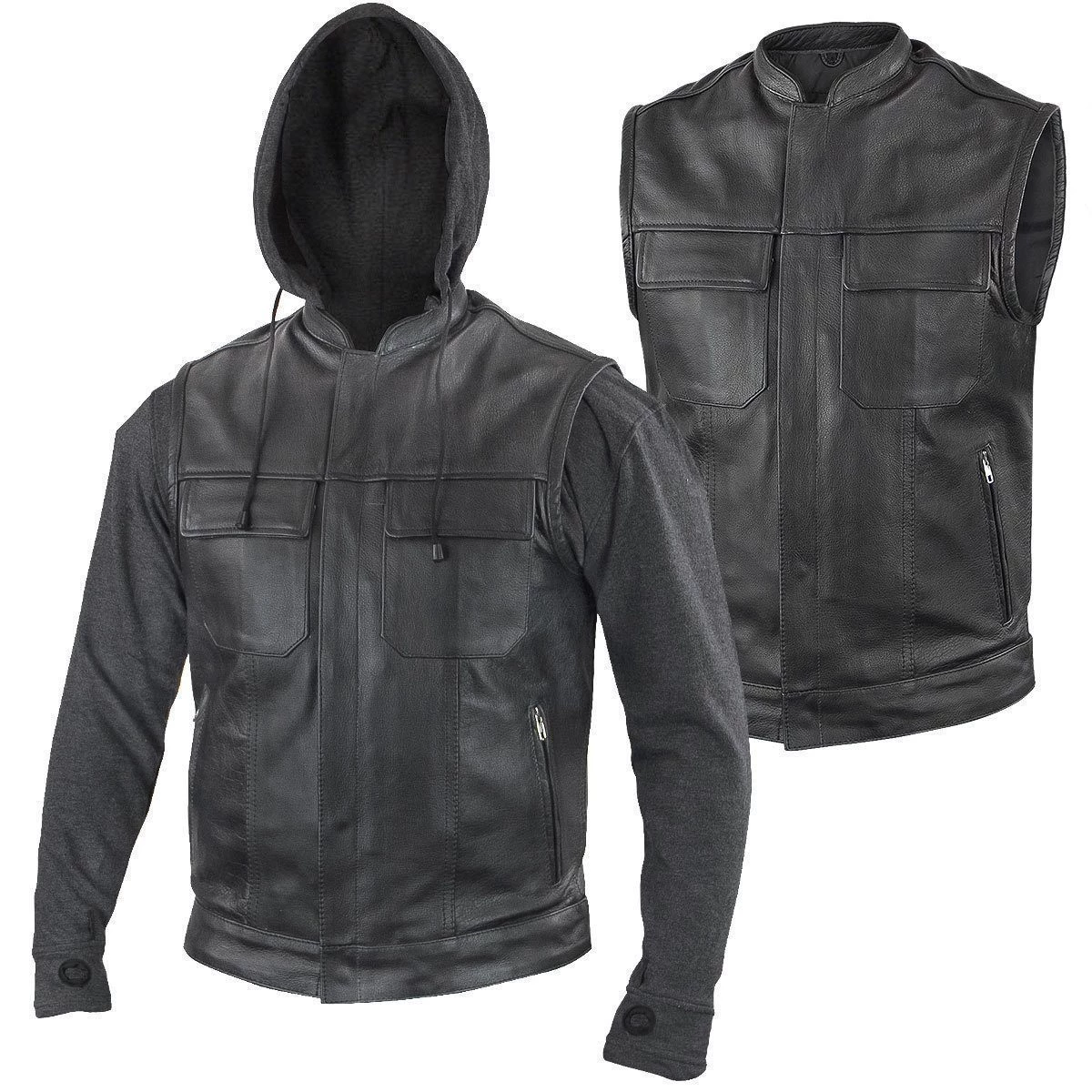 Xelement BXU1006 Men's 'Jax' Black Leather Motorcycle Hoodie Jacket With Convertible Vest