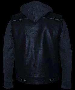 Xelement BXU1006 Men's'Jax' Black Leather Motorcycle Hoodie Jacket With Convertible Vest