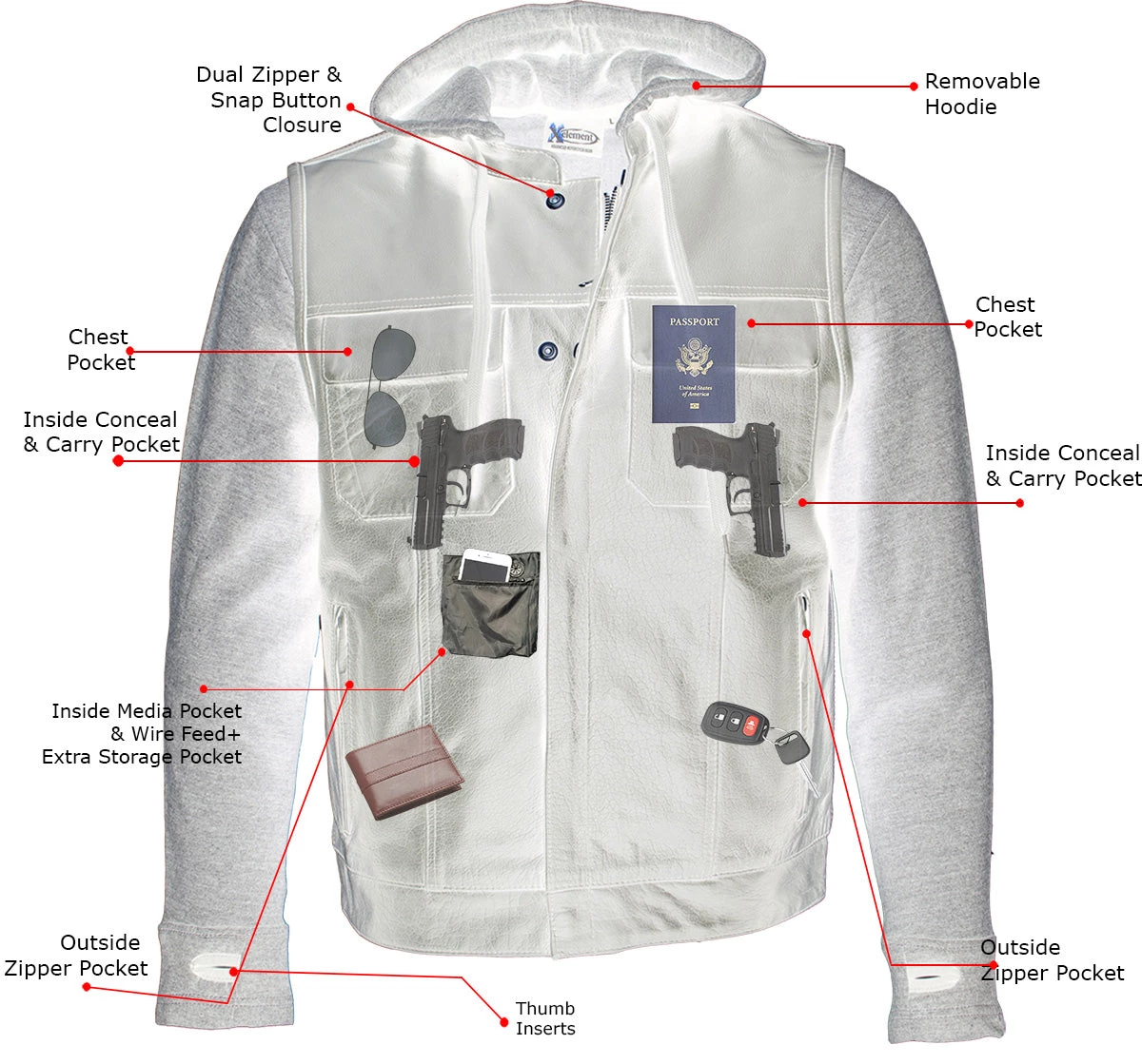 Xelement BXU1006 Men's 'Jax' Black Leather Motorcycle Hoodie Jacket With Convertible Vest