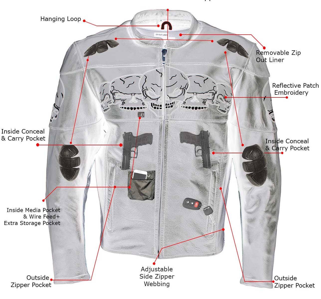 Leather Motorcycle Jackets Xelement BXU6050 Men's '3 Skull Head' Black Leather Motorcycle Jacket With X-Armor Protection