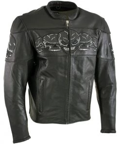 Leather Motorcycle Jackets Xelement BXU6050 Men's '3 Skull Head' Black Leather Motorcycle Jacket With X-Armor Protection