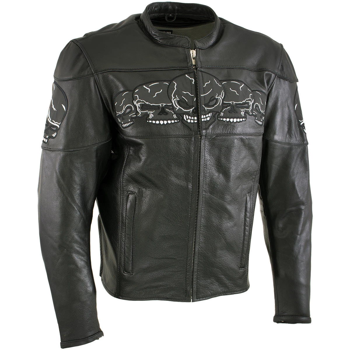 Leather Motorcycle Jackets Xelement BXU6050 Men's '3 Skull Head' Black Leather Motorcycle Jacket With X-Armor Protection